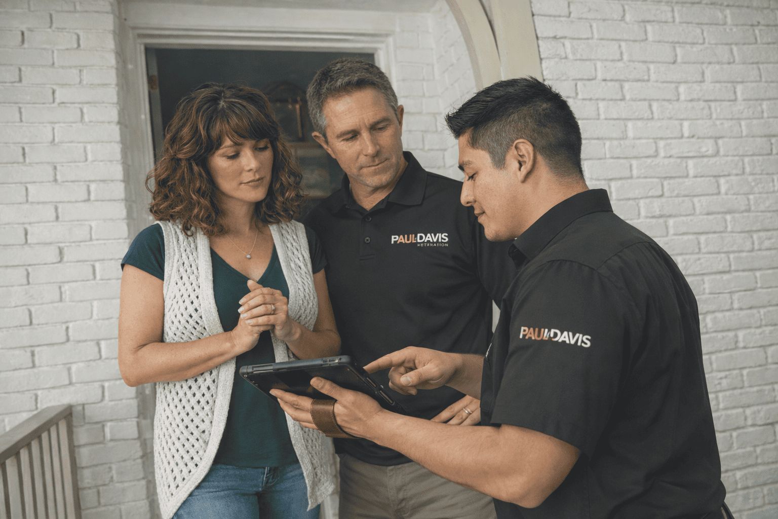 Paul Davis Restoration technician reviewing property damage assessment with homeowners, providing professional restoration consultation services in Southwest Montana