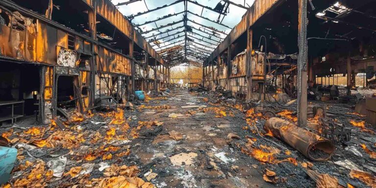 Severe commercial fire damage inside industrial warehouse requiring emergency fire and smoke restoration services by Paul Davis Restoration of Southwest Montana
