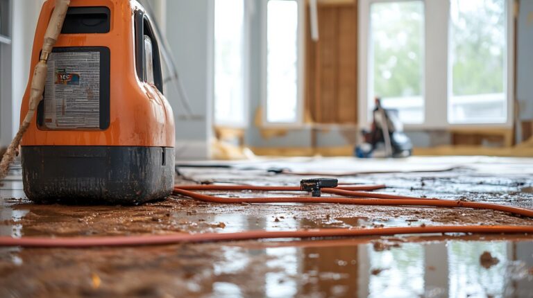 Commercial water damage restoration equipment drying flooded flooring inside business property after water intrusion by Paul Davis Restoration of Southwest Montana