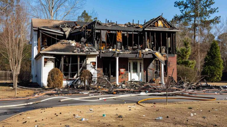 Severely fire-damaged home after residential house fire requiring emergency fire damage restoration and reconstruction services by Paul Davis Restoration of Southwest Montana